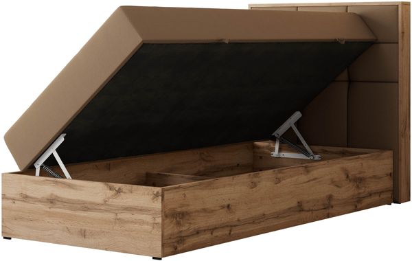 Boxspringbett ALBERO 1 90x200 mit Stauraum, 7-Zonen Multipocket Matratze H3, Bettkasten mit Federautomat, Öffnungsseite wählbar, Hotelbett - Braun Kunstleder - Topper T25 - Rechts Bild 4