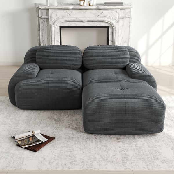 2-Sitzer Sofa 208×178×75 cm aus Cordstoff rahmenlos modular mit 1 Ottomane, grau