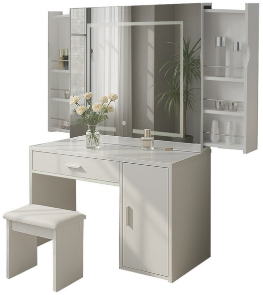 Schminktisch mit Spiegel SLIDE Weiß mit LED Beleuchtung Schubladen