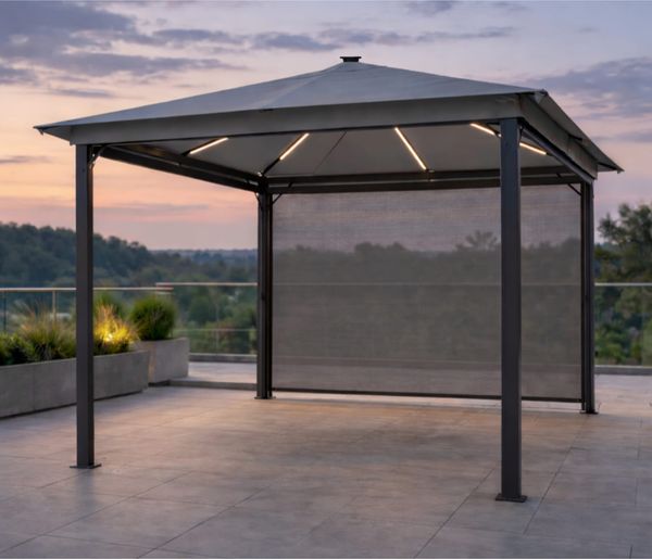Leco Solar-Pavillon "Zoe" mit LED-Beleuchtung und Gittergewebe-Rollos, lichtgrau, 300 x 300 x 261 cm (L x B x H)