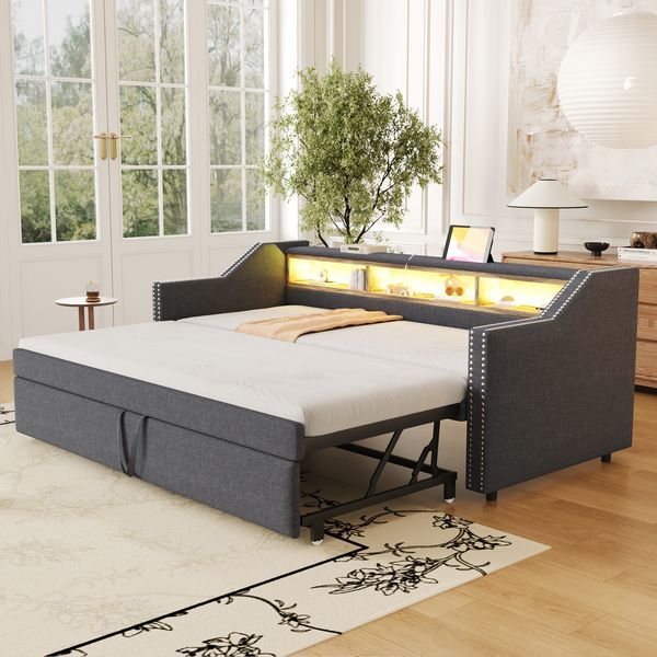 Polsterbett Ausziehbares Schlafsofa 90/180 x 190 cm, Multifunktionales Staufach, LED-Licht und USB-Buchse, mit Lattenrost, Dunkelgrau