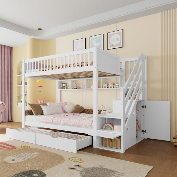Etagenbett 90×200 cm mit Rausfallschutz und Stauraumtreppe, Weiß, ohne Matratze