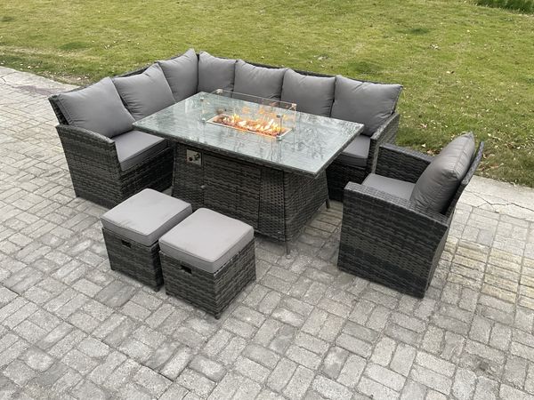 Fimous Outdoor Gartenmöbel-Set Hoher Rücken Ecksofa Gas Feuertisch Sets mit Sesseln 2 kleine Fußhockern 9 Sitzer Dunkelgrau gemischt