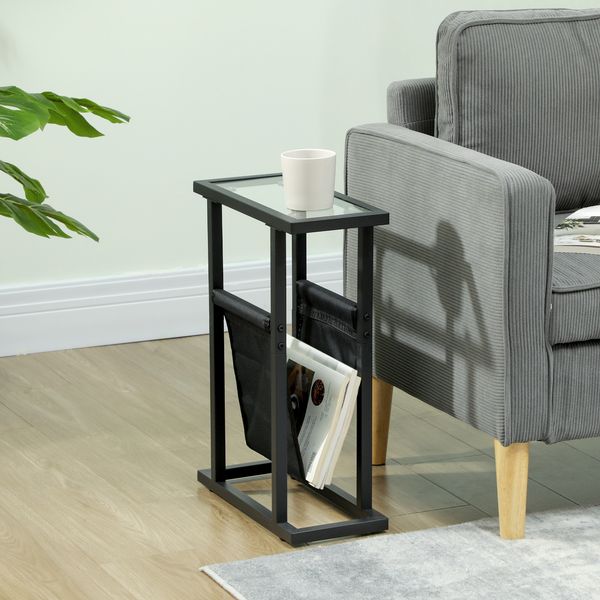 Beistelltisch 40x18x55,5 cm mit Glasplatte, Metallrahmen und Leinentasche, schmal und platzsparend