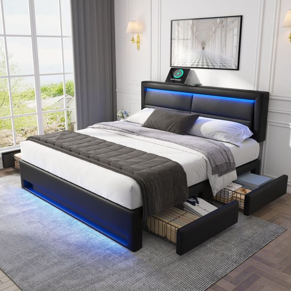 Polsterbett 140x190 cm – PU-Leder Litchi, integrierte LED & USB, kabelloses Laden, vier Schubladen,Schwarz