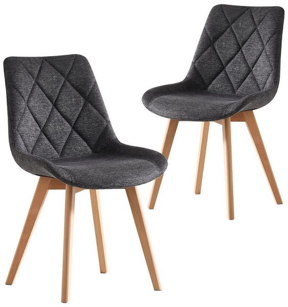 B&D home Esszimmerstühle 2er Set, Polsterstuhl mit Massivholz Buche Beine, gepolsterter Küchenstuhl Landhausstil, Design Stuhl Esszimmer und Küche, Webstoff Anthrazit