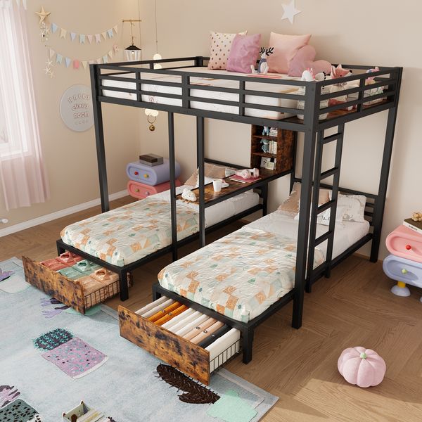 Etagenbett Liegefläche 140x200 cm + 90x200 cm, 3 Schlafplätze, mit Rausfallschutz, Schubladen und Stauraum, Schwarz