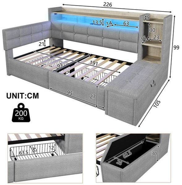 Merax Daybett mit LED Lichtleiste, USB & Typ-C, Samt (Schlafsofa Sofabett Jugendbett Kinderbett, 1 tlg), Tagesbett 90x190cm mit 2 Schubladen,Ablagefach,Stauraumbank am Fußende Bild 4