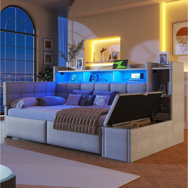Merax Daybett mit LED Lichtleiste, USB & Typ-C, Samt (Schlafsofa Sofabett Jugendbett Kinderbett, 1 tlg), Tagesbett 90x190cm mit 2 Schubladen,Ablagefach,Stauraumbank am Fußende