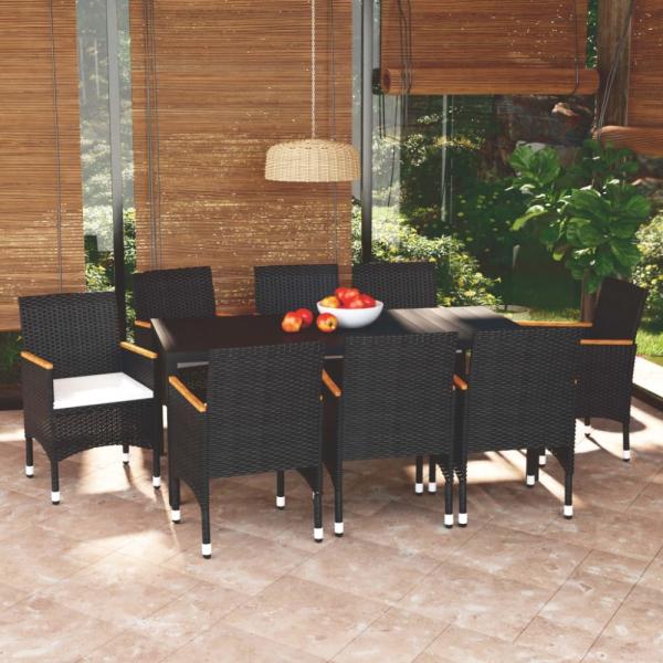 vidaXL 9-tlg. Garten-Essgruppe mit Kissen Poly Rattan Schwarz 3095020