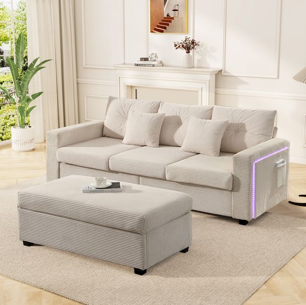 Ecksofa mit Ottoman 98x51 cm – LED-Beleuchtung, Cordstoff in Beige