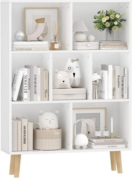 JEOBEST Bücherregal Bücherschrank mit 6 Fächern Weiß, Massivholzbeinen, 1-tlg, Standregal Aktenregal 80 x 24 x 110cm, Anti-Kipp-Vorrichtung