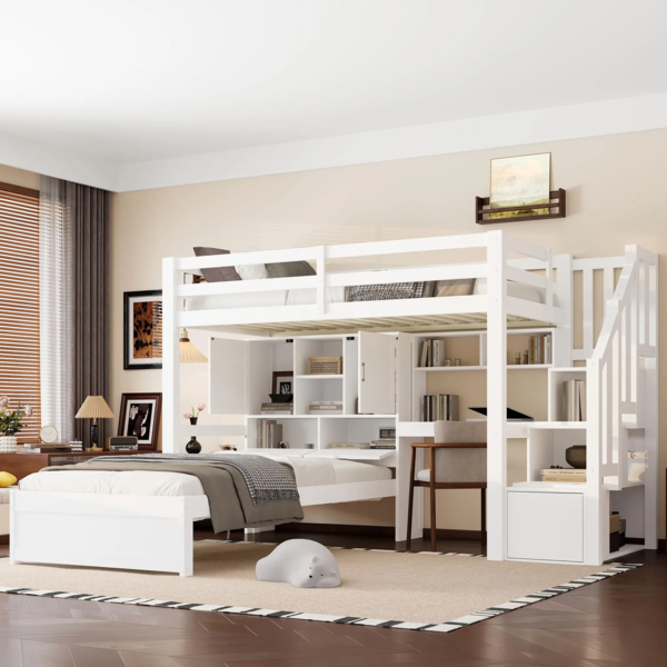 Etagenbett mit 2 Liegeflächen, Lattenrost, Schreibtisch, Regal, Stauraum, Rausfallschutz und Treppe, 90x200 cm, Kinderbett, Kiefer
