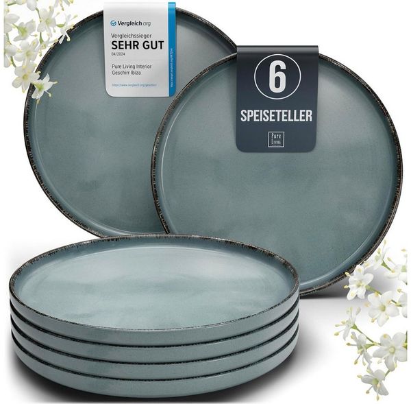PURE LIVING INTERIOR DESIGN Geschirr-Set Pure Living Speiseteller 6er 26cm »Rustic«, Steingut, Rauchblau, 6 Personen, Steingut, Authentischer Landhausstil, Reaktive Glasur – jedes Stück ein Unikat,…