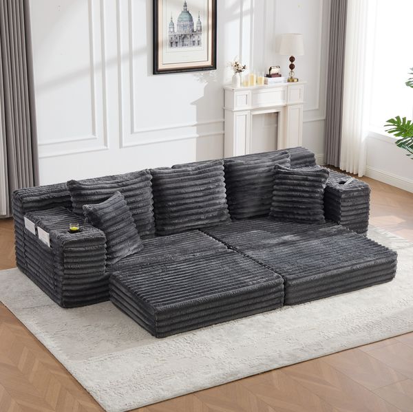 Schlafsofa 273 x 98 x 87 cm aus Cordstoff in Dunkelgrau – mit hoher Rückenlehne, Seitentaschen und Getränkehaltern