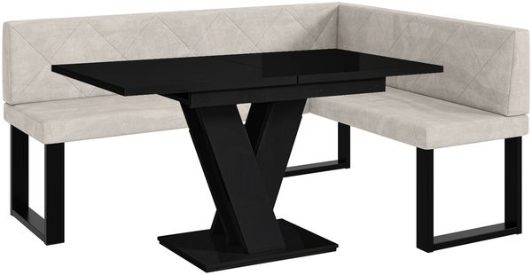 MEBLINI Eckbank für Esszimmer mit ausziehbarem Tisch - Küchenbank - Essecke - Sitzecke Küche - ERIC - U-Beine 128x168x87cm Rechts - Beige Samt/M Schwarz Hochgl.