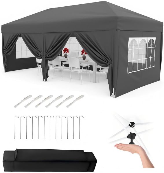 Faltpavillon 3x6 m wasserdicht stabil mit 6 Seitenwänden – Pop up Pavillon faltbar aus 420D Oxford, UV-Schutz 50+, 3-Fach höhenverstellbar, Partyzelt mit Tragetasche für Garten & Outdoor Grau