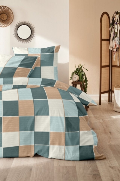 Primera Feinbiber Bettwäsche 135x200 Karo weiß sand blau 173108-51