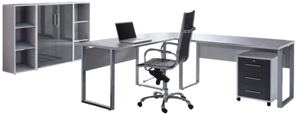 BMG Möbel Büromöbel-Set Office Edition Set 2, (Büro Set, 5 tlg, Fronten Matt oder Hochglanz lackiert), Aktenschrank und Rollcontainer abschließbar, Winkelschreibtisch