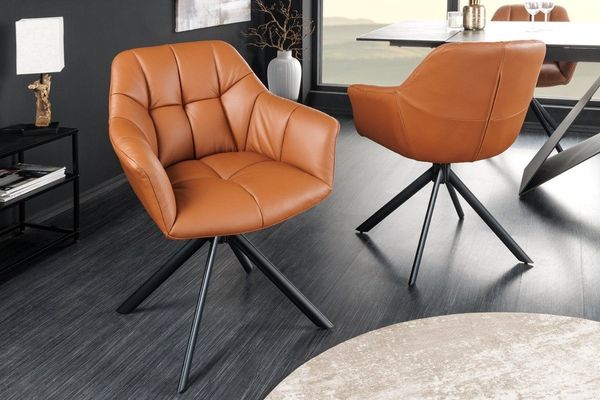 riess-ambiente Polsterstuhl PAPILLON cognac/schwarz – Echtleder, mit Armlehne, Metall (Einzelartikel, 1 St), 180° drehbar & automatischer Rückführung – ideal für Esszimmer & Büro