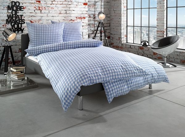 Bettwaesche-mit-Stil Mako-Batist Landhaus Bettwäsche „Oslo“ Karo hellblau Kissen 40x80