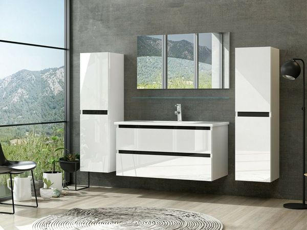 Homeline Badmöbel-Set Bad Möbel Set, Hochglanz, Eiche schwarz und weiß Soft Close, (Set Angebot, 6-St, Spar set)