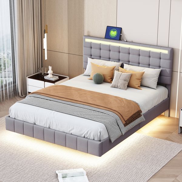 Polsterbett 140x200 cm mit LED-Leiste und schwebendem Fußdesign – gepolstert, grau
