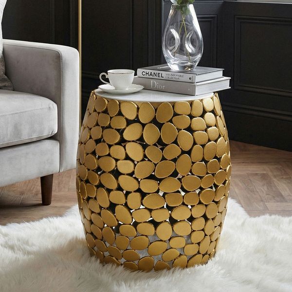 FineBuy Design Beistelltisch rund 40cm aus Aluminium & weißer Marmor Tischplatte – Couchtisch Alu – Metall Wohnzimmertisch Dekotisch Handmade