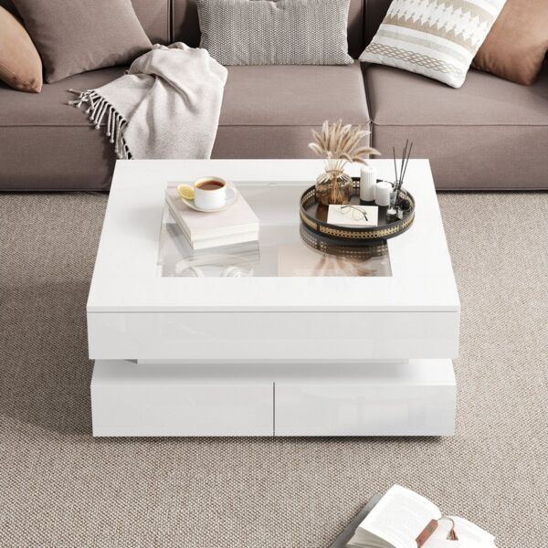 STILVORA Couchtisch Weiß mit stauraum Kaffeetish für Wohnzimmer Sofatisch 3 Schubladen&LED (Couchtisch mit Glastischplatte, 3 Schubladen, 1-St, mit LED-Leuchten, 3 Schubladen, Sofatisch), Couchtisch mit Glastischplatte