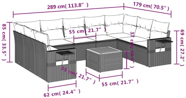 vidaXL 10-teiliges Gartensofa-Set mit Kissen, grau, Polyrattan 3224710 Bild 9