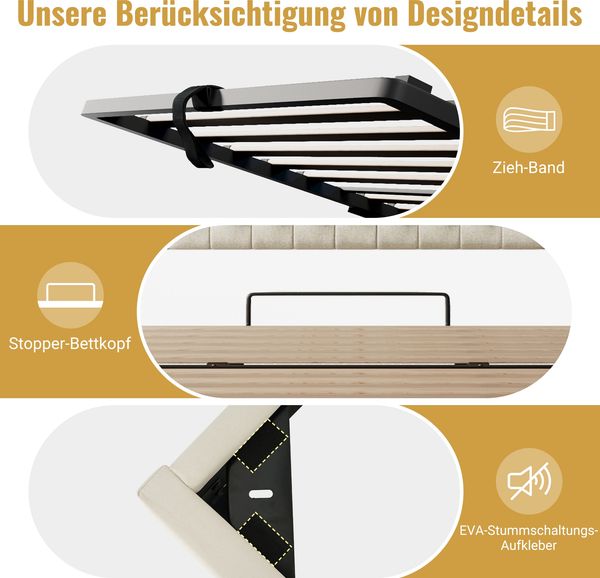 Merax Polsterbett 180x200cm mit Hydraulischem Bettkasten & LED Beleuchtung, Bettgestell mit USB/Type-C Ladefunktion, Kopfteil mit Regal & Stauraum, Leinenstoff, Beige Bild 5