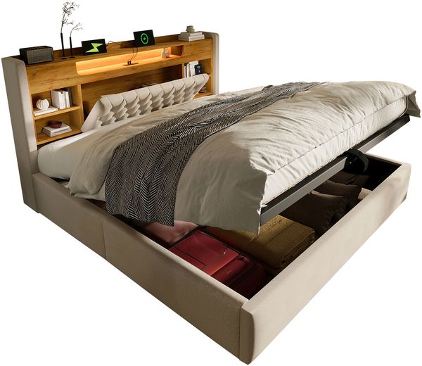 Merax Polsterbett 180x200cm mit Hydraulischem Bettkasten & LED Beleuchtung, Bettgestell mit USB/Type-C Ladefunktion, Kopfteil mit Regal & Stauraum, Leinenstoff, Beige Bild 10