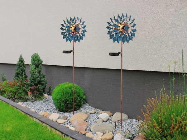 2er Set Solar Gartenstecker Windrad mit Erdspieß in Blau & Kupfer, Höhe 92cm