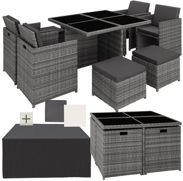 tectake Sitzgruppe Aluminium Rattan Gartenlounge für 4 bis 8 Personen, Inkl, (Loungeset Manhattan, 9-tlg, für Außen in Grau), wetterfest und UV-beständig, 2 Bezugssets, mit Sicherheitsglasplatten