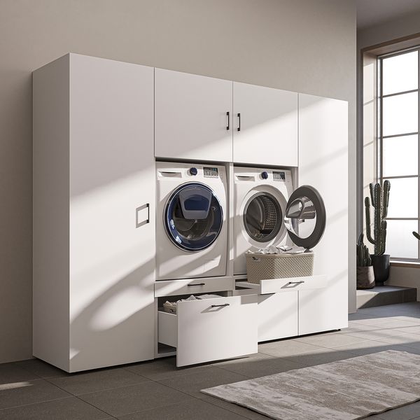 Roomart Waschmaschinenschrank SERIE-III Schrankwand 254 cm – 2 Geräte, Soft-Close | • Weiß