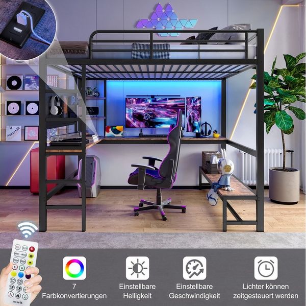 REDOM Kinderbett mit Schreibtisch & Regalen, Eisenrahmen, USB & Type-C Ladeanschluss (Hochbett mit LED Beleuchtung, inkl. Geländer, Trittleiter & Lochbrett, 140x200 cm), ohne Matratze