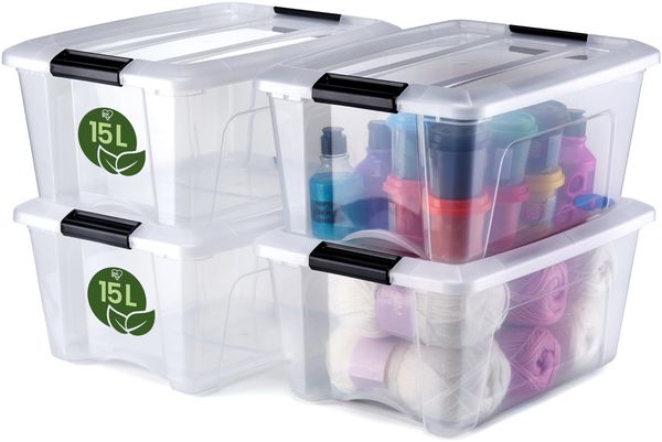 Iris Ohyama, Aufbewahrungsboxen mit Deckel, 15 l, 4er-Set, Transparent, 100% Recycelter Kunststoff, Verschlussclips, Griff, Stapelbar, für Schlafzimmer, Ankleidezimmer, Büro, BPA-frei, NTB-15