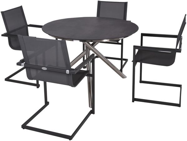 Garten-Sitzgruppe HECTOR 06 5-tlg. Edelstahl Kunststoff Schwarz | Gartenmöbel-Set Gartengarnitur Garten-Essgruppe mit Freischwingerstühlen A und Esstisch