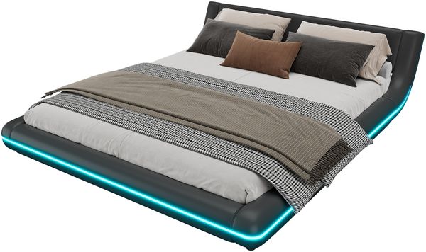 Merax Doppelbett 160 x 200cm Polsterbetten, Flachbett, Bodenbett, mit LED-Umgebungslicht, PU, Schwarz Bild 10