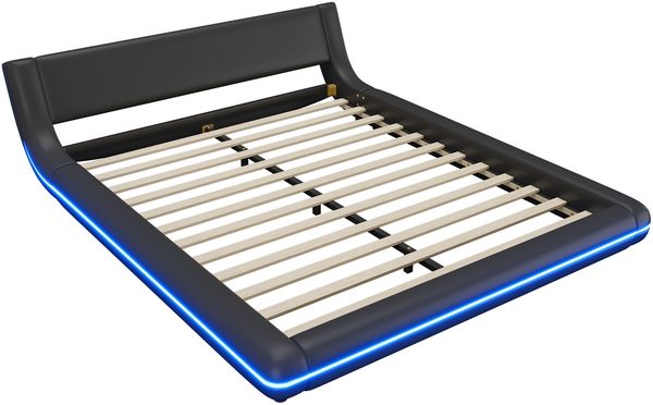 Merax Doppelbett 160 x 200cm Polsterbetten, Flachbett, Bodenbett, mit LED-Umgebungslicht, PU, Schwarz Bild 9