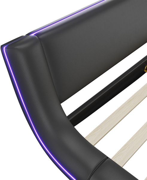 Merax Doppelbett 160 x 200cm Polsterbetten, Flachbett, Bodenbett, mit LED-Umgebungslicht, PU, Schwarz Bild 5