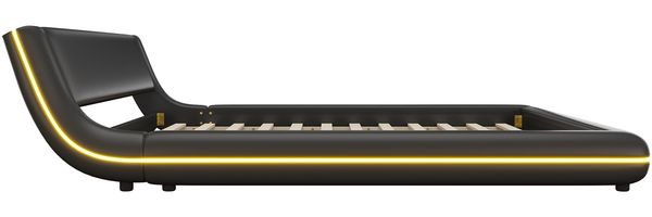 Merax Doppelbett 160 x 200cm Polsterbetten, Flachbett, Bodenbett, mit LED-Umgebungslicht, PU, Schwarz Bild 8
