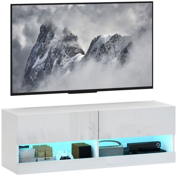HOMCOM TV-Board TV-Hängeschrank mit bunter LED-Beleuchtung, 16 Blinkmodi (Kommode, 1 St, Wandmontierter TV-Schrank), mit Schubladen, Offene Regale, 120 x 35 x 40,5 cm, Hochglanzweiß