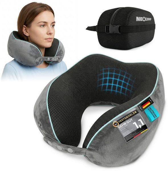 NEOLYMP Nackenkissen Flugzeug mit Kinnstütze verhindert Vorfallen des Kopfes – Reisekissen, Nackenkissen Flugzeug - Komprimierbar mit Tasche & Kofferband, Nackenkissen Reise Travel Pillow - 360° Support & schlanker Rückseite