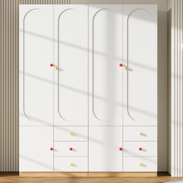 Merax 2-türiger Kleiderschrank(2er-Set), mit Schubladen, Schlafzimmer-Aufbewahrungsschrank, Kinderzimmermöbel, mit Kleiderstange, bunten Keramikgriffen, Weiß
