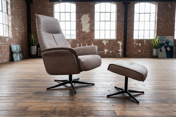 KAWOLA Relaxsessel JOSIANE Drehsessel Lederfaserstoff anthrazit mit Hocker 107 x 87 x 78 cm