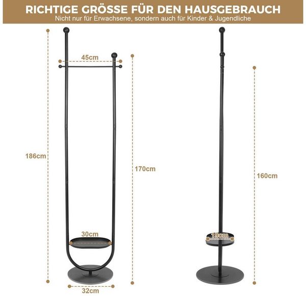 PRIISF Garderobenständer Kleiderständer Freistehend Metall Kleiderstange Garderobe mit Ablagen, (Hochwertiger Steinplatte Sockel Garderobenständer Schuhregal, Flurgarderobe Jackenständer mit Kleiderstangen), Standgarderobe Stabil Modern, 186 x 45 x 32 cm