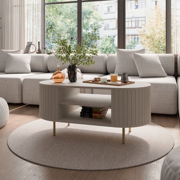 Ovalio Couchtisch Typ 200 Tisch Bestelltisch 100 cm Wohnzimmer Esszimmer Modern Farbwahl Sandbeige, Cremona-Eiche und Dunin-Eiche