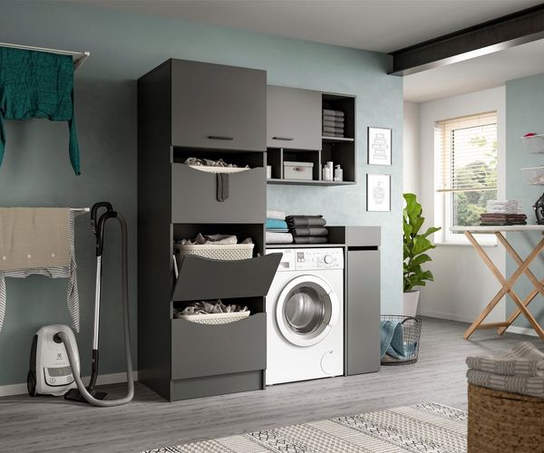 welltime Badmöbel-Set FALAS, TOPSELLER!, 4-teilig, Hauswirtschaftsraum Set, Breite 126 cm, (Set, 4-St, Wäschschrank, Waschmaschinenumbauschrank, Standregal, Hängeschrank), Kombination, Waschmaschinenumbau, Waschmaschinenschrank, Wäschekammer