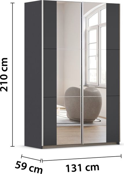 rauch Kleiderschrank, Schwebetürenschrank KRONACH, 2-türig, 2 Spiegeltüren teilaufgelegt, Grau metallic, 131 x 210 x 59 cm Bild 4